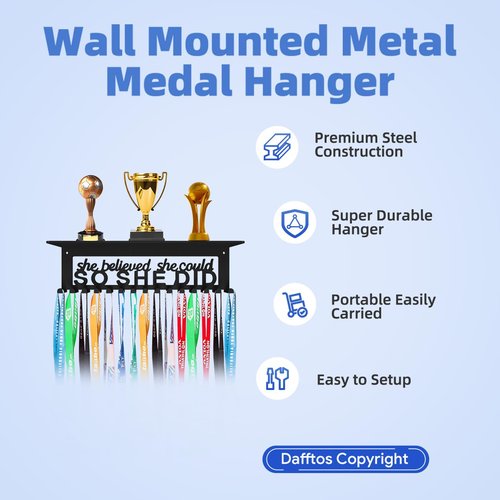 Dafftos Medal Hanger Display Holder Wall Ribbon Organizer Race Storage Frame Awards Bib Holder Medal Hanging Metal Rack Cheer Gymnastics Soccer Softball Runner She Believed She Could So She Did