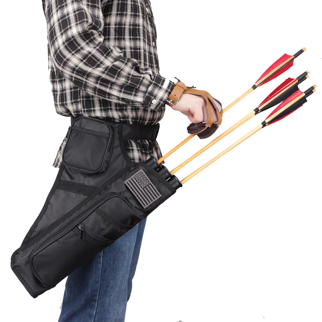 KRATARC 3-Tubes Hip Quiver Waist Hanged Arrow Archery Carry Bag with Pockets Adjustable Belt (Black)