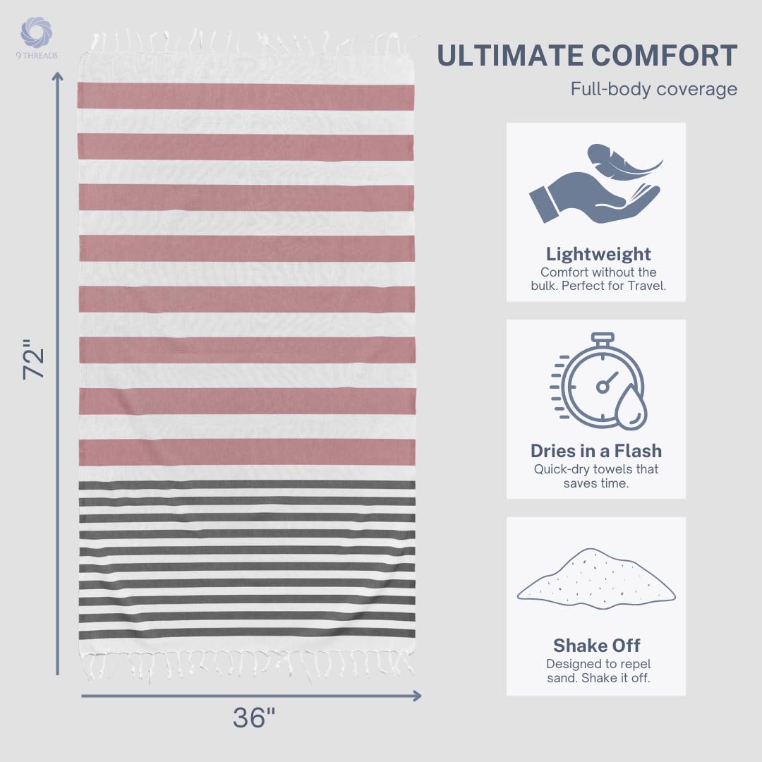 9Threads Cotton Turkish Beach Towel with Towels Oversized 36"x72" Pool Absorbent Extra Large Quick Dry Sand Travel Towel (Brick Noir, 4 Pack)