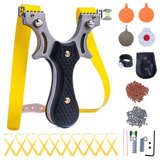 IITFSTC Outdoor Professional Solid Slingshot Set for Hunting Stainless Steel High Velocity Catapult Sling Shot for Adults with 1 Ammo Pouch 100 Slingshots Ammo Balls & 10 Rubber Bands & 4 Target