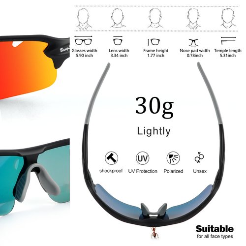 BangLong Polarized Sports Sunglasses Cycling Sun Glasses for Men Women with 5 Interchangeable Lenes for Running Baseball Golf