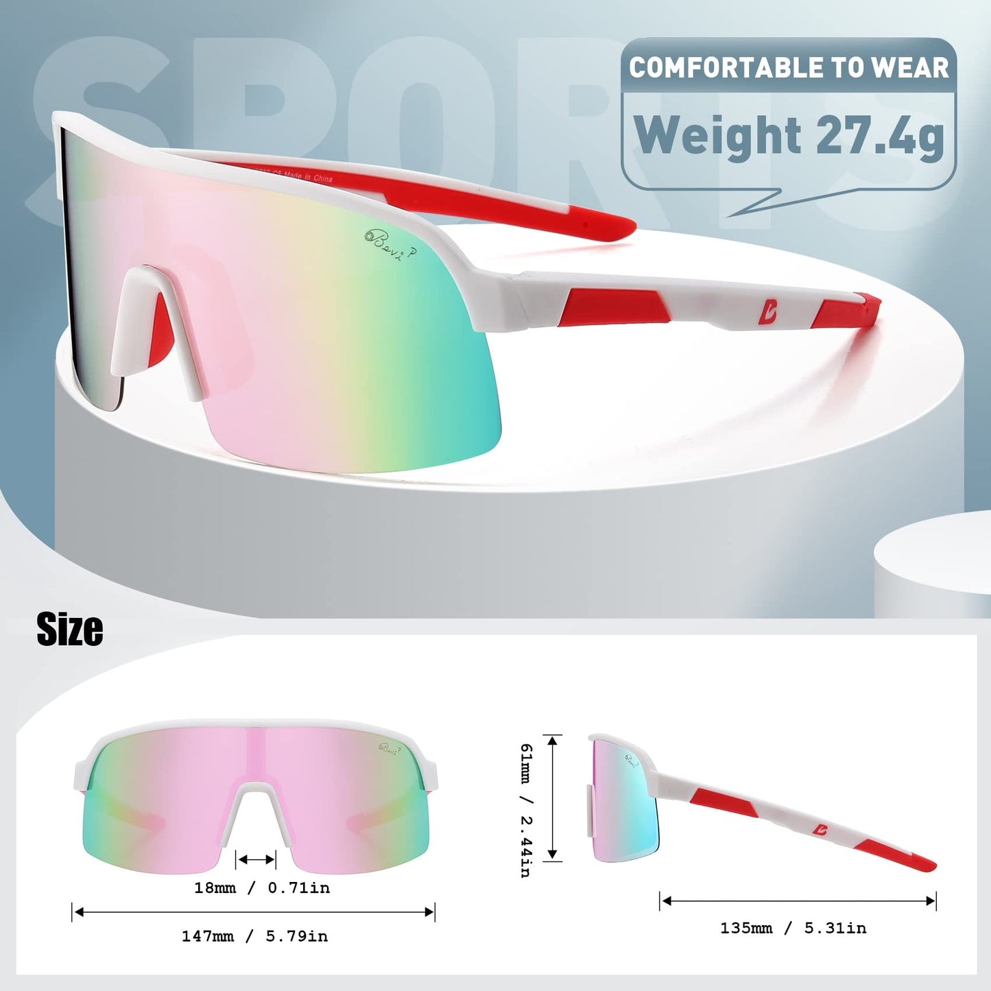 Bevi Sports Sunglasses Polarized Lens with TR90 Durable and Flexible Frame for Men Women Running Driving Cycling Etc 2736HC5