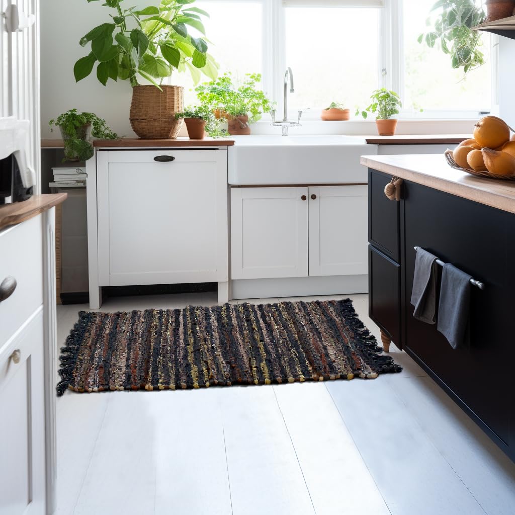COTTON CRAFT Leather Chindi Area Rug - Boho Farmhouse Rustic Accent Rug - Neutral Handwoven Reversible Natural Organic Recycled Leather Throw Rug - Entryway Living Room Gift - 3' x 5' - Tan Multicolor