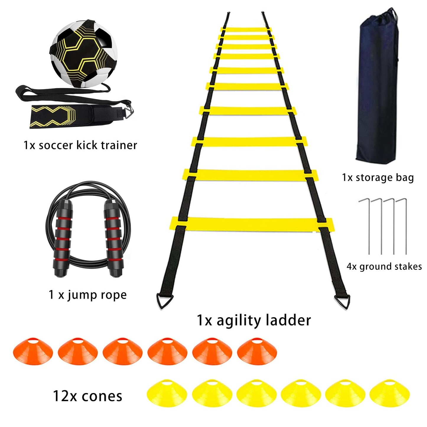 AOPUETRX 20Ft Agility Ladder Training Equipment for Soccer 12 Cones, Solo Soccer Trainer, Jump Rope Speed Football Gifts for boy