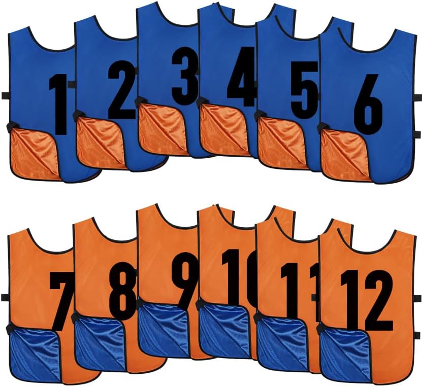 12 Pack Reversible Numbered Pinnies, Double Sided Scrimmage Vest,Team Practice Jerseys for Kids and Adult