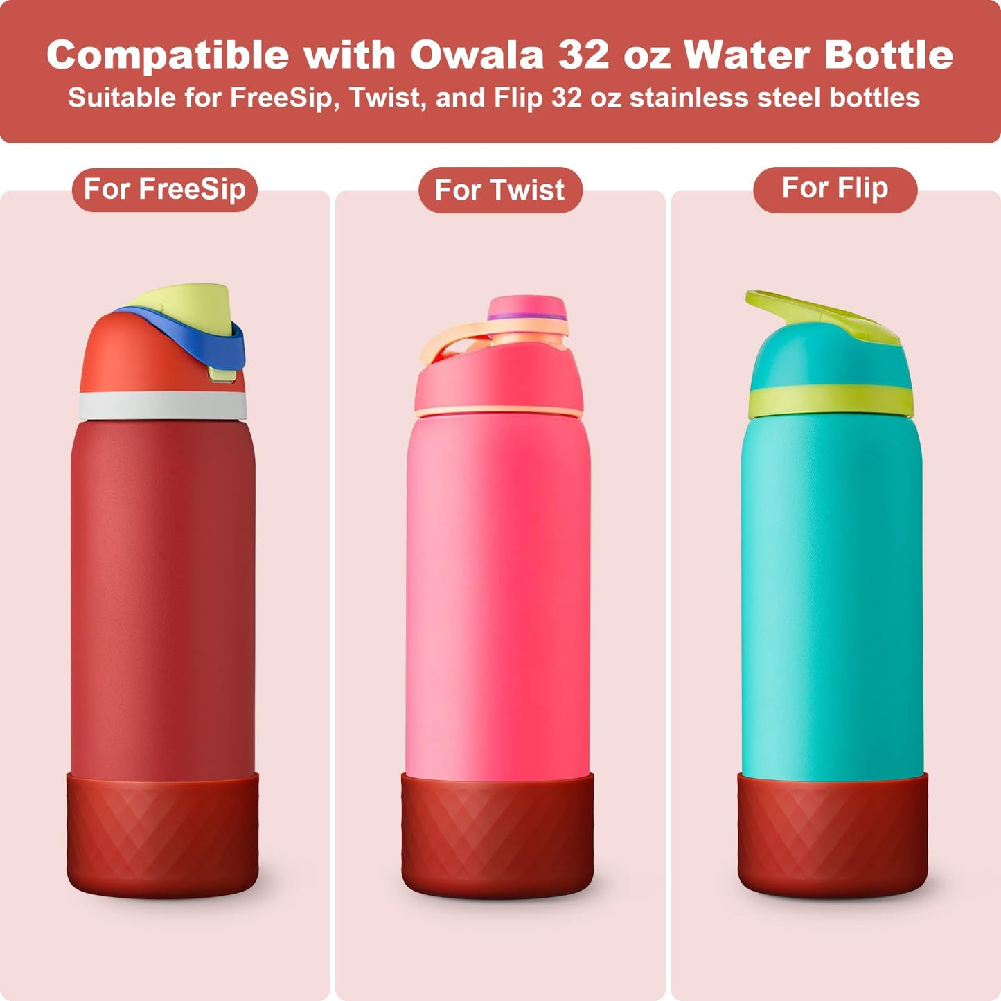 2PCS Silicone Water Bottle Boot for Owala 32 Oz, Anti-Slip Protective Sleeve Bottom Bumper Protector for FreeSip, Twist, and Flip Stainless Steel Water Bottles (Dark Red)