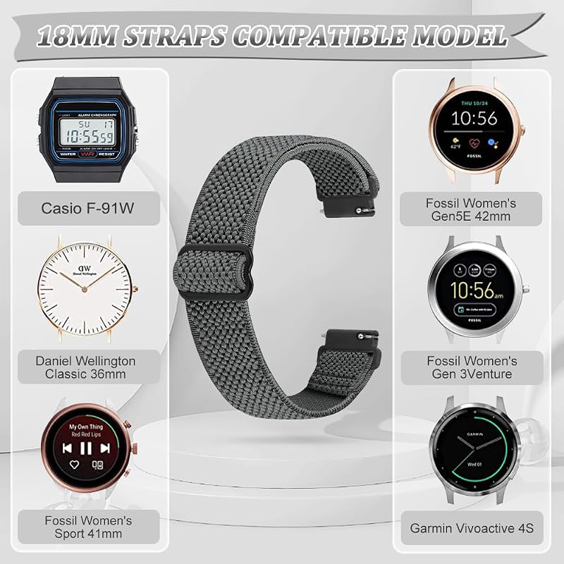 Elastic Nylon Watch Band for Casio F-91W/AE-1200 Series - 3 Pack, Black+Gray+Off-White