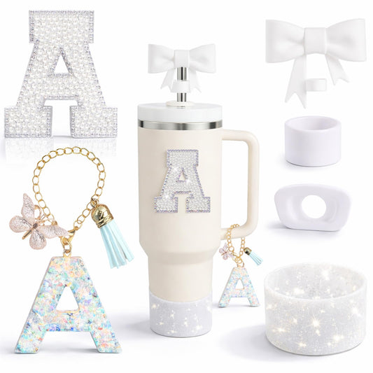 6PCS White Stanley Cup Accessories Set Fit for Stanley Cup 30oz 40oz. Including Handle Charm, Personalized Initial Sticker, Straw Topper, Sparkly Silicone Boot, Spill Proof Stopper