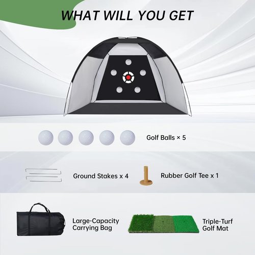 Golf Net, 10x7ft Practice Net with Heavy Tri-Turf Mat, All-in-One Multiple Target Golf Hitting Net, Outdoor Indoor Driving Chipping Training with Target/Mat/Balls/Tee/Bag, Gift for Enthusiasts