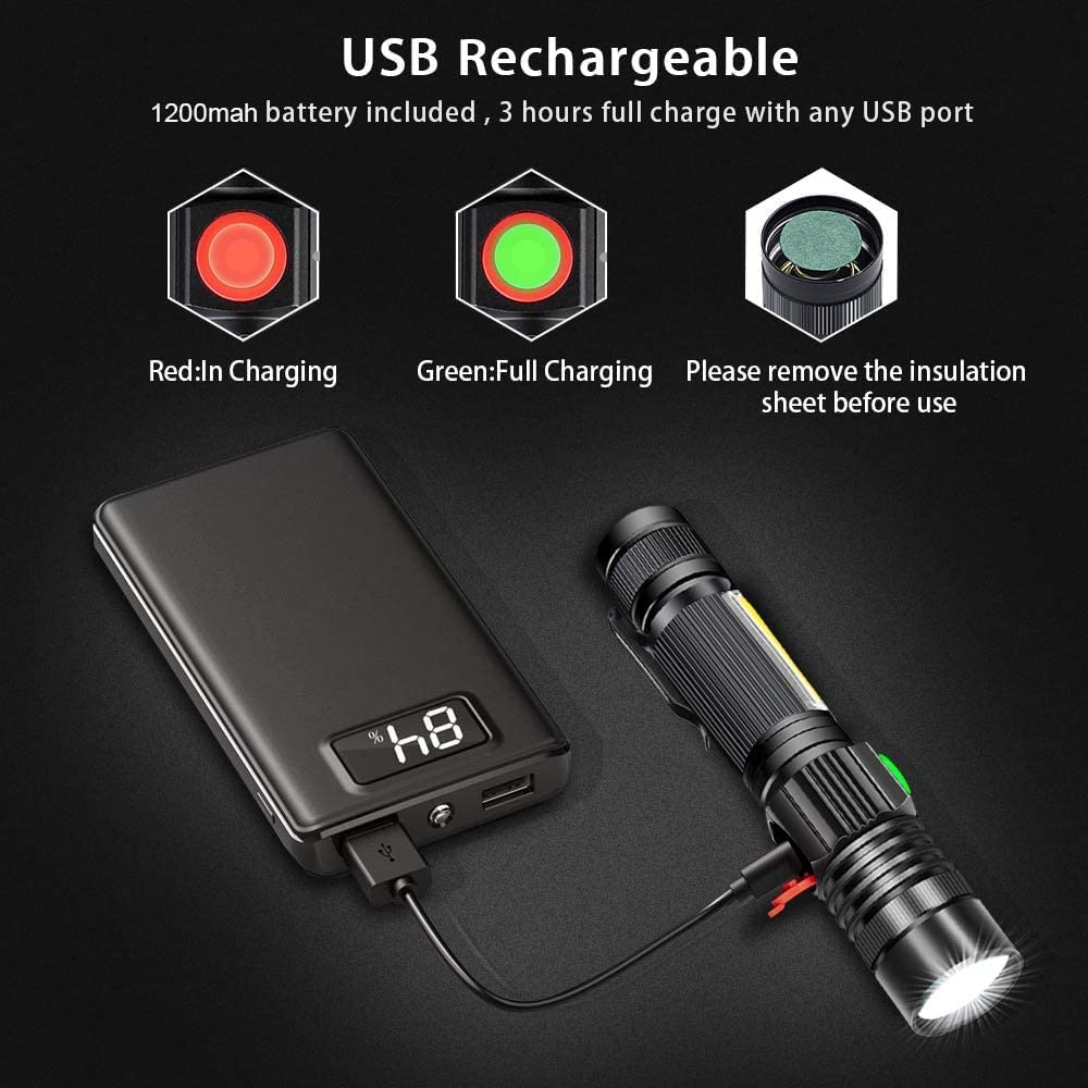 Hoxida Rechargeable Flashlight(Battery Included), Magnetic LED Flashlight with COB sidelight, 1200 Lumen Super Bright LED, Waterproof, Zoomable, 4 Modes Best Flashlight for Camping, Emergency