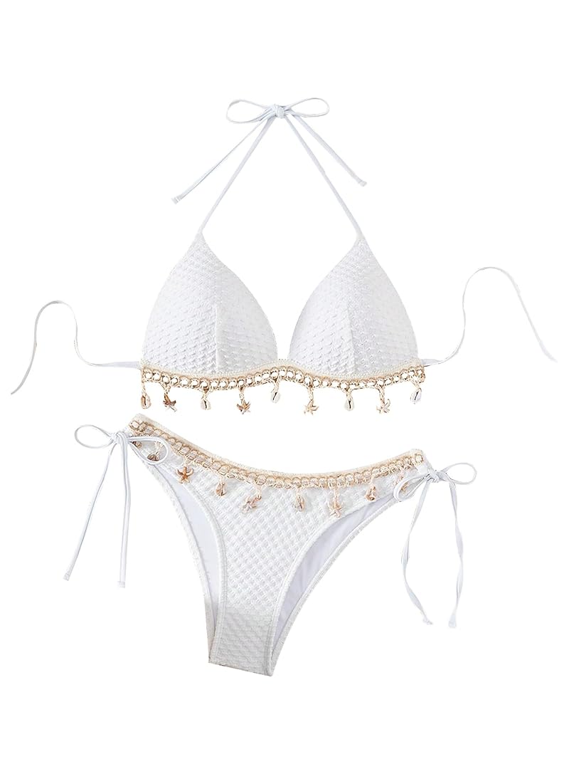 Push Up Seashell Bikini Set for Women - Textured Triangle Top & Low Waist Bottom, White, Small