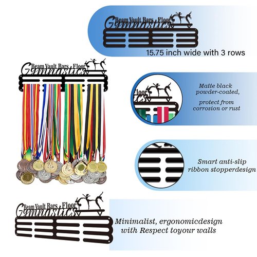 PH PandaHall Medal Hanger Holder Display Rack Gymnastics Medal Hanger Awards Ribbon Cheer 3 Lines Sport Award Rack Wall Mount Metal Frame for Over 50 Medals Necklace Jewelry 15.75 Inch