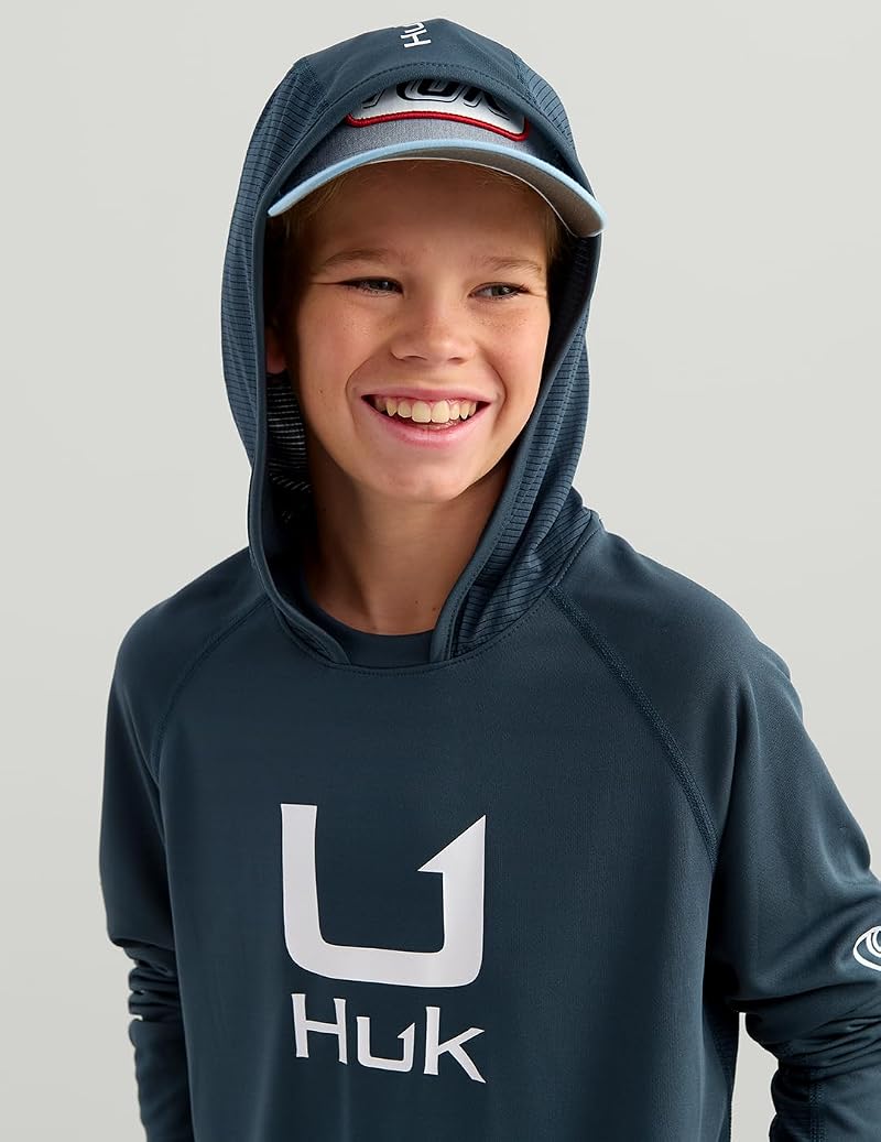 HUK Kids Icon Hoodie Fishing Shirt with Sun Protection — Sea Storm, Medium
