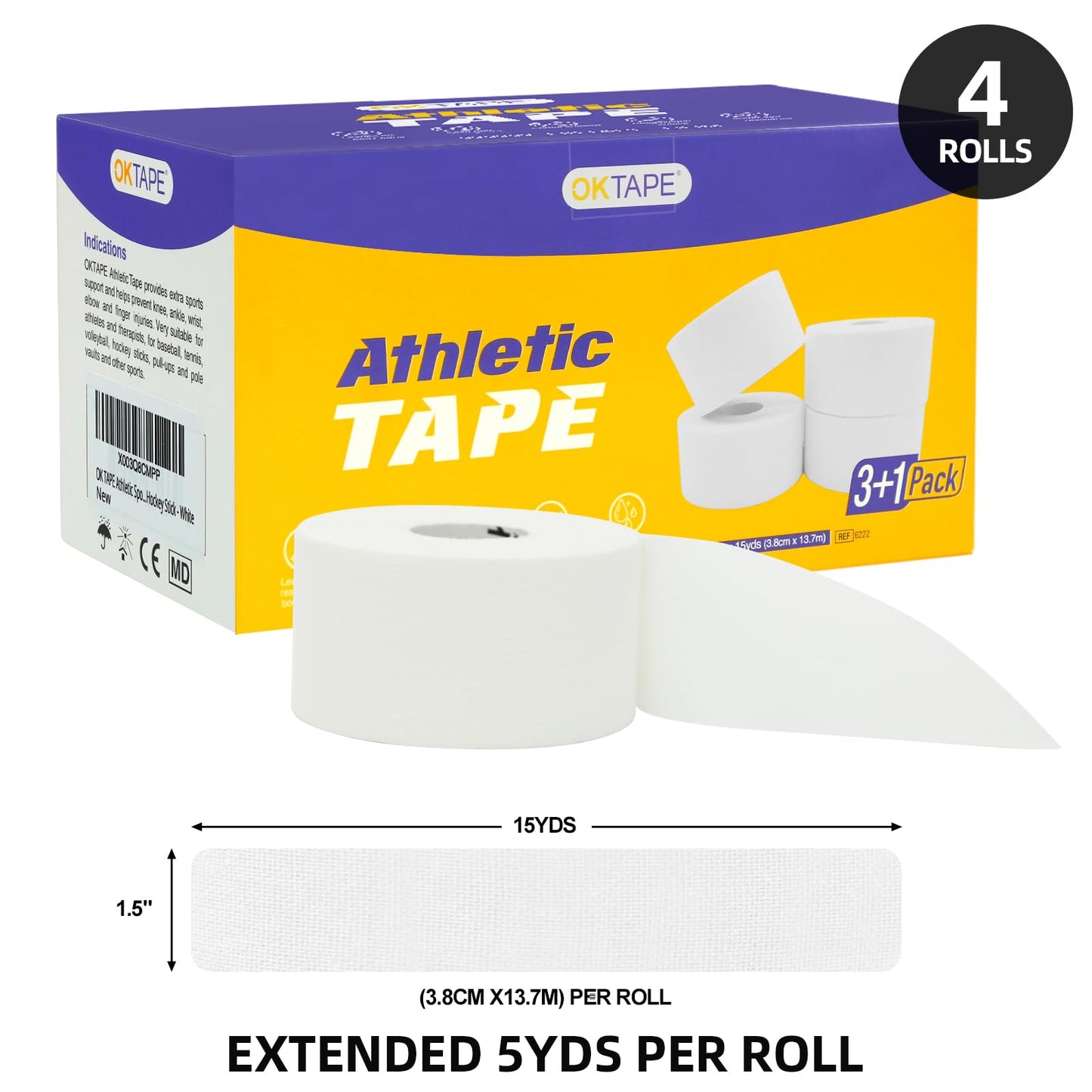 OK TAPE Athletic Sports Tape（4 Packs) - 45ft Per Roll Very Strong Tape for Athlete & Sport Trainers & First Aid Injury Wrap, Perfect for Fingers Ankles Wrist on Bat, Hockey Stick - White