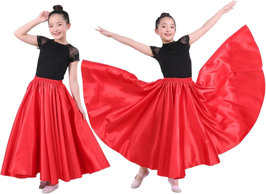 2 Pcs Long Satin Skirt for Girls Full Dancing Circle Skirt for Kids 8-12 Years