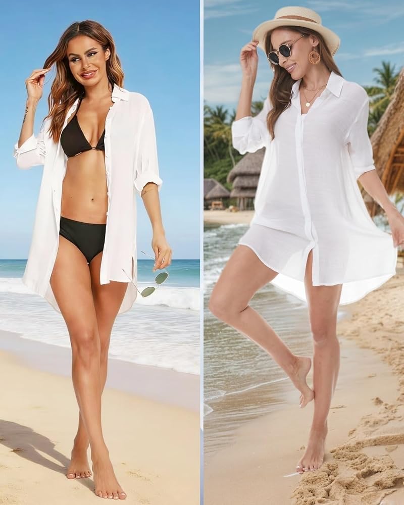 White X-Large Beach Cover Up Shirt Dress with Button-Down Long Sleeves