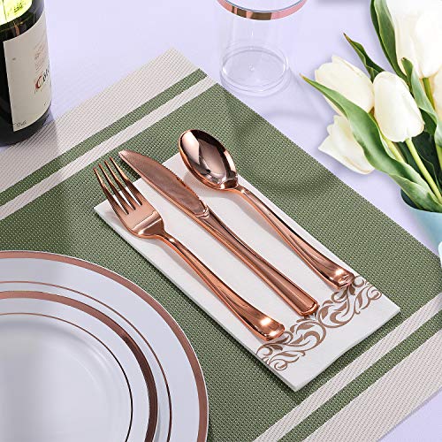 Disposable Dinnerware Set with Rose Gold Rim - 350 Pieces for 50 Guests