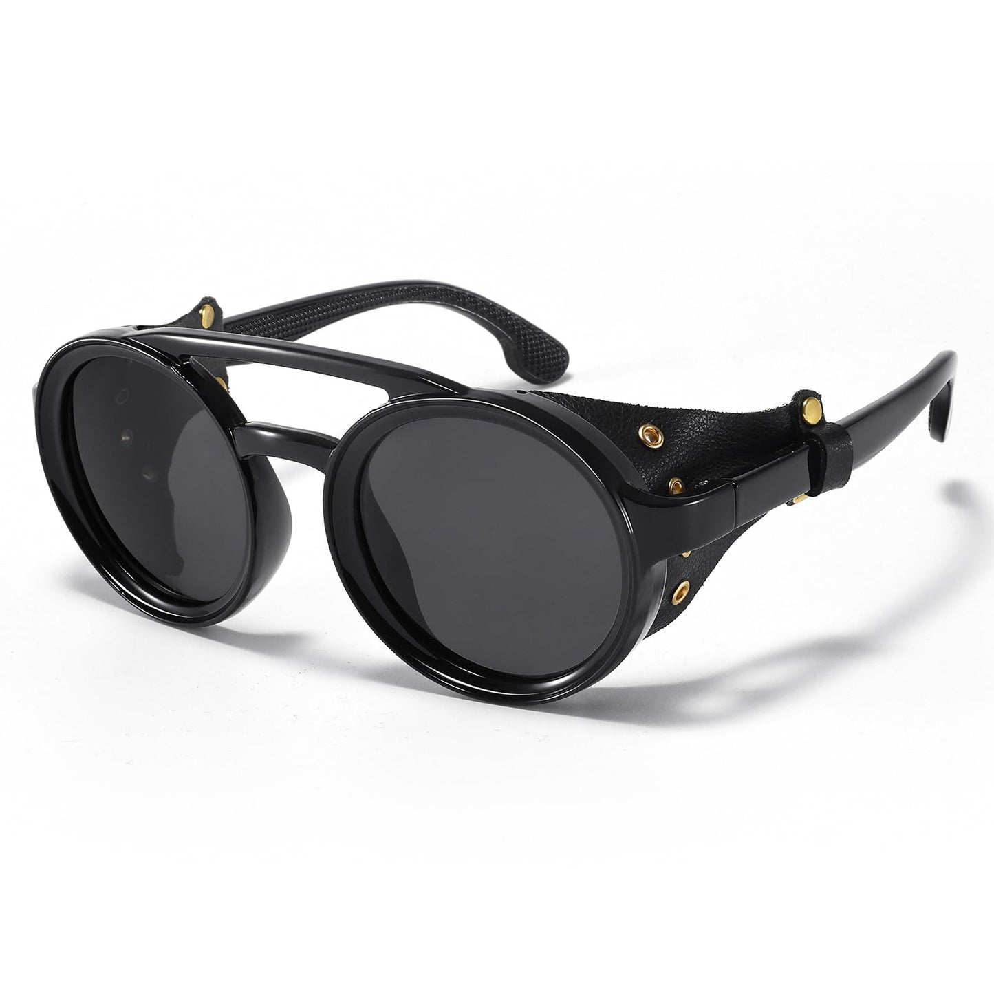 MUDIWRLO Polarized Round Steampunk Sunglasses with Leather Side Double Bridge Shield Retro Eyewear for Men Women(Black)