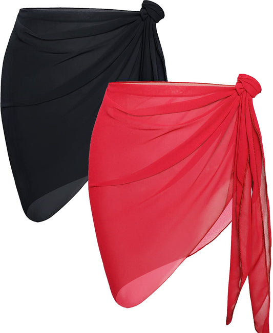 2 Pieces Sarong Cover Ups for Women Beach Bathing Suit Wrap Sheer Short Skirt Bikini Chiffon Scarf for Swimwear (Black Red