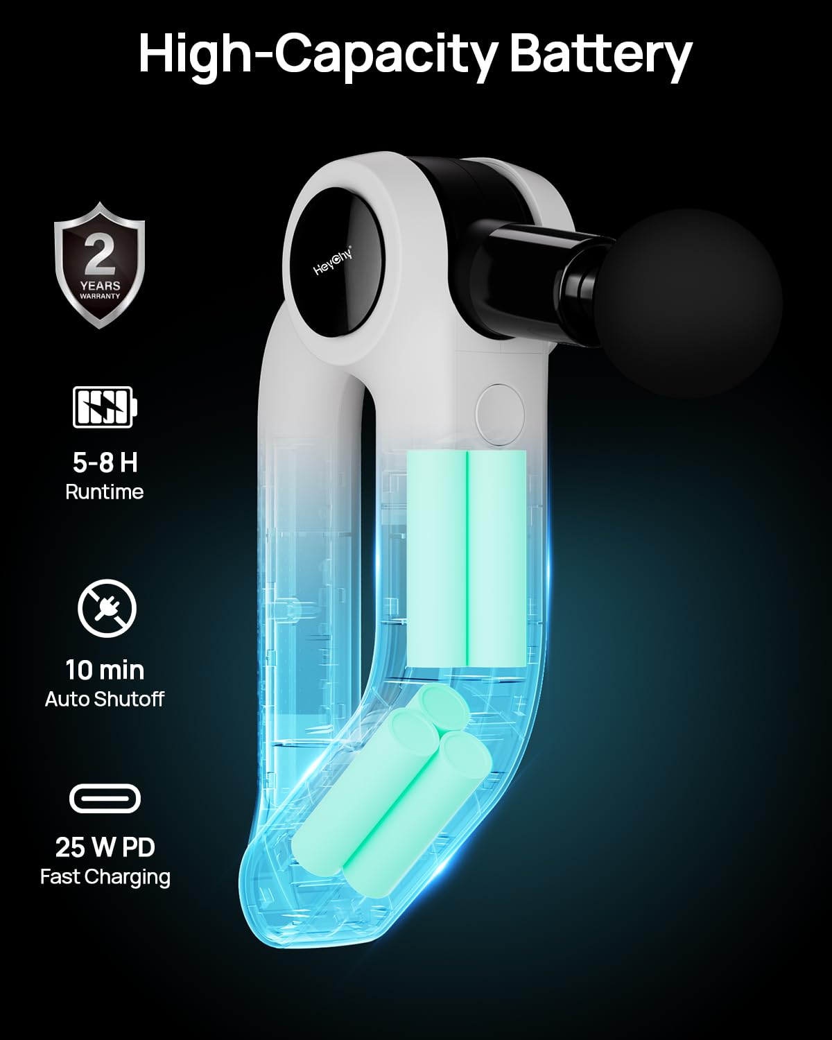 HEYCHY Massage Gun Deep Tissue with Heat Therapy, 12mm Amplitude Muscle Massager for Athletes, 5 Speeds & 4 Modes Massager Gun for Neck Back Shoulder Leg Pain Relief - Perfect for Men, White