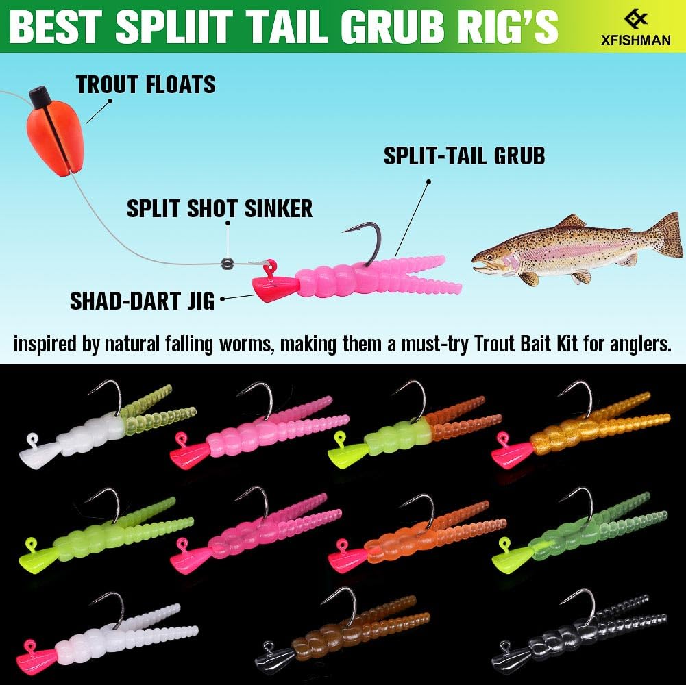 XFISHMAN-Trout-Fishing-Lure-Kit 165-Piece Creek & River Fishing Set with Split Tail Grub Worms, Shad Dart Jig Heads, Floats & Sinkers Ideal for Seasonal Trout Crappie Panfish