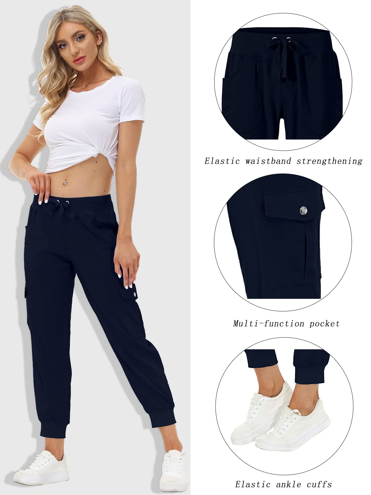 MoFiz Women Cargo Pants with Pockets Lightweight Outdoor Summer Travel Casual Hiking Pants Running Joggers Sweatpants Elastic Waist Navy 4XL