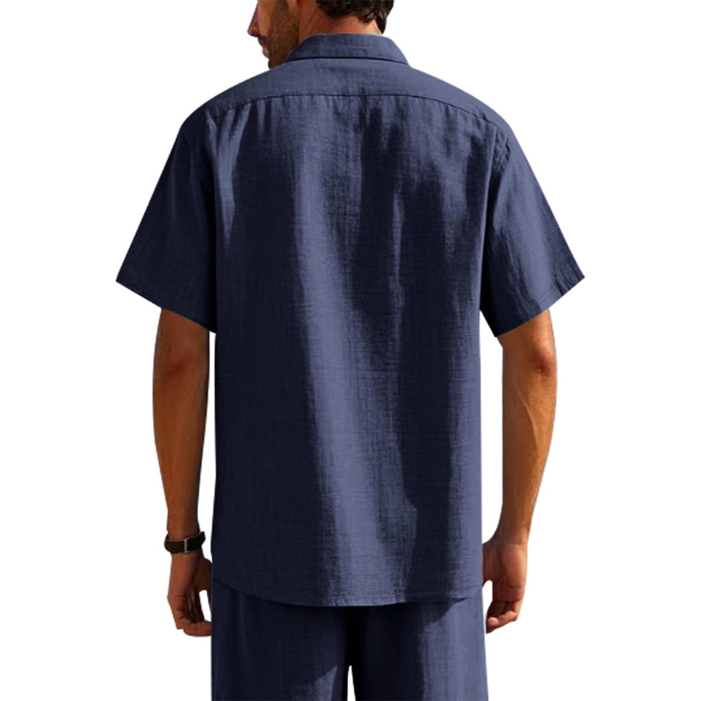 Men's Linen Button Down Shirts Short Sleeve V Neck Solid Collar T-Shirt Fitted Casual Tops Summer Tees Formal Shirt Blue