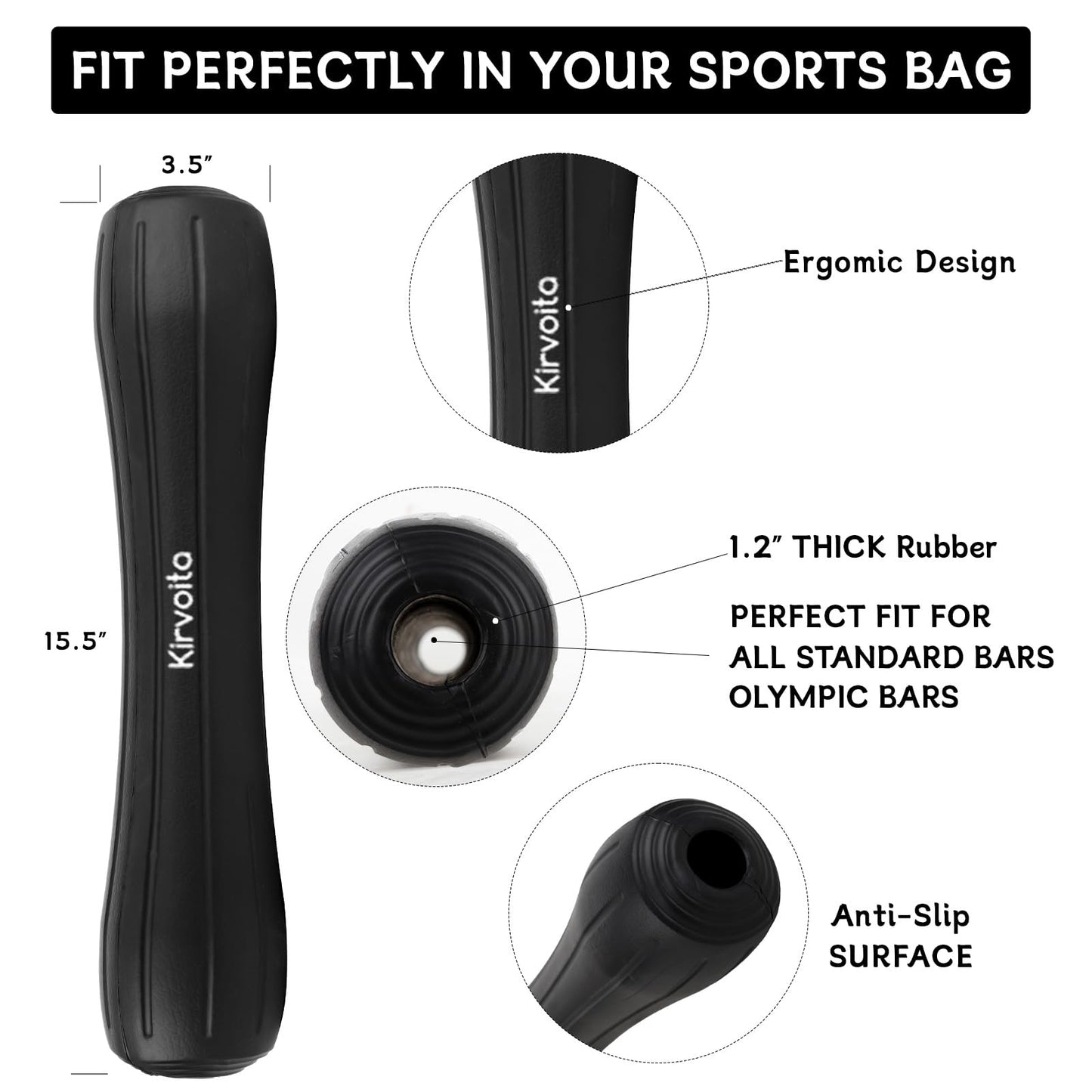 KIRVOITA Rubber Barbell Pad, Squat Pad, Hip Thrust Pad, Easy to Install, No Straps Needed, for Both Heavy Weights & Lower Weights (15.5 * 3.5 * 3.5 in, Black)