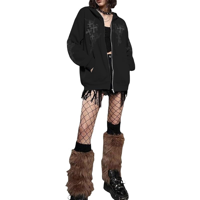 Black X-Large Zip Up Hooded Graphic Gothic Hoodie - Y2K Grunge Cross Design