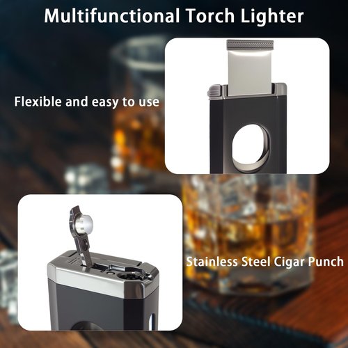5-in-1 Windproof Torch Lighter with Cutter, Punch, Holder, Draw Enhancer Tool, 3 Jet Flames Butane Lighter Accessories Gift for Men (Butane not Included) (Black)