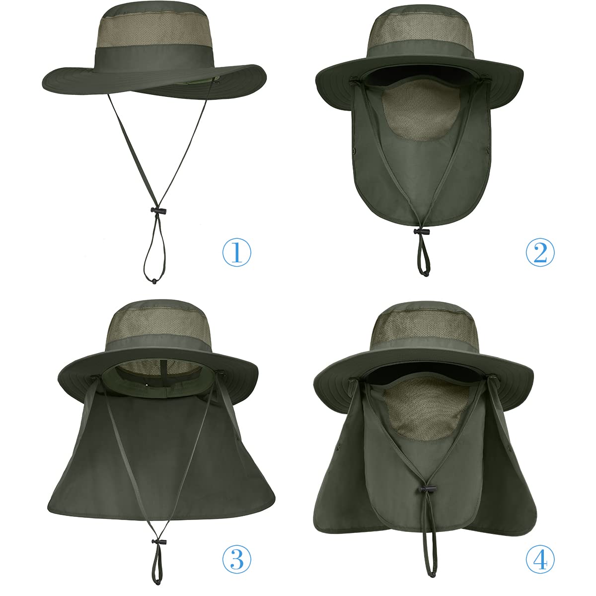 3 Pack Mens Outdoor Wide Brim Fishing Hat,UPF 50+ Sun Protection Cap with Face Neck Flap for Hiking & Garden