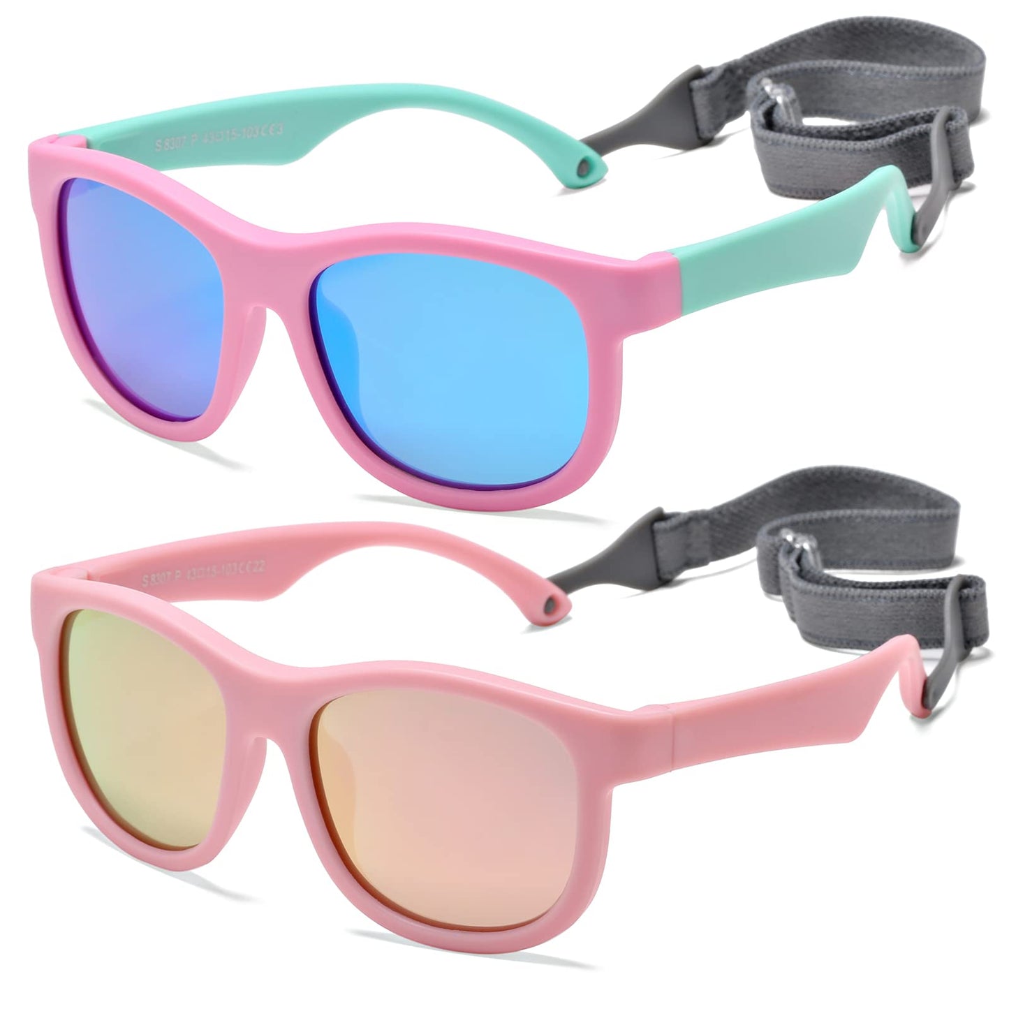 NULOOQ Flexible Polarized Baby Sunglasses with Adjustable Strap for Toddler Newborn Infant Age 0-24 Months (Pink/Pink Mirrored + Pink Green/Blue Mirrored) - 2 Pack