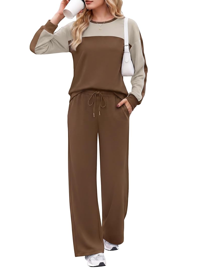 Casual 2-Piece Lounge Set for Women - Colorblock Knit Top & Wide-Leg Pants (Brown, Medium)