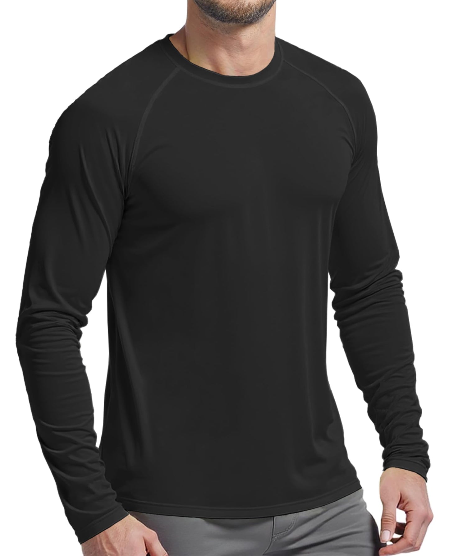 PLUMZJOY Mens UPF 50+ UV Sun Protection Shirts Outdoor Long Sleeve SPF Diving Rash Guard for Fishing Hiking Running Swim Black L