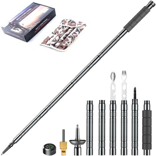 Trekking Pole Tactical Walking Stick, Multifunctional Lightweight Aircraft Aluminum Collapsible Survival Hiking Pole with Canvas Storage Bag for Women Men Seniors Camping Backpacking