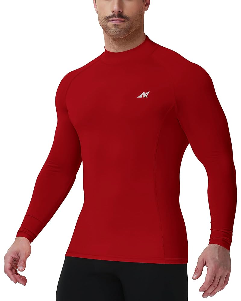 Nakuvara Men's Compression Mock Neck Base Layer Shirt, UPF 50+ Long Sleeve, Red Large