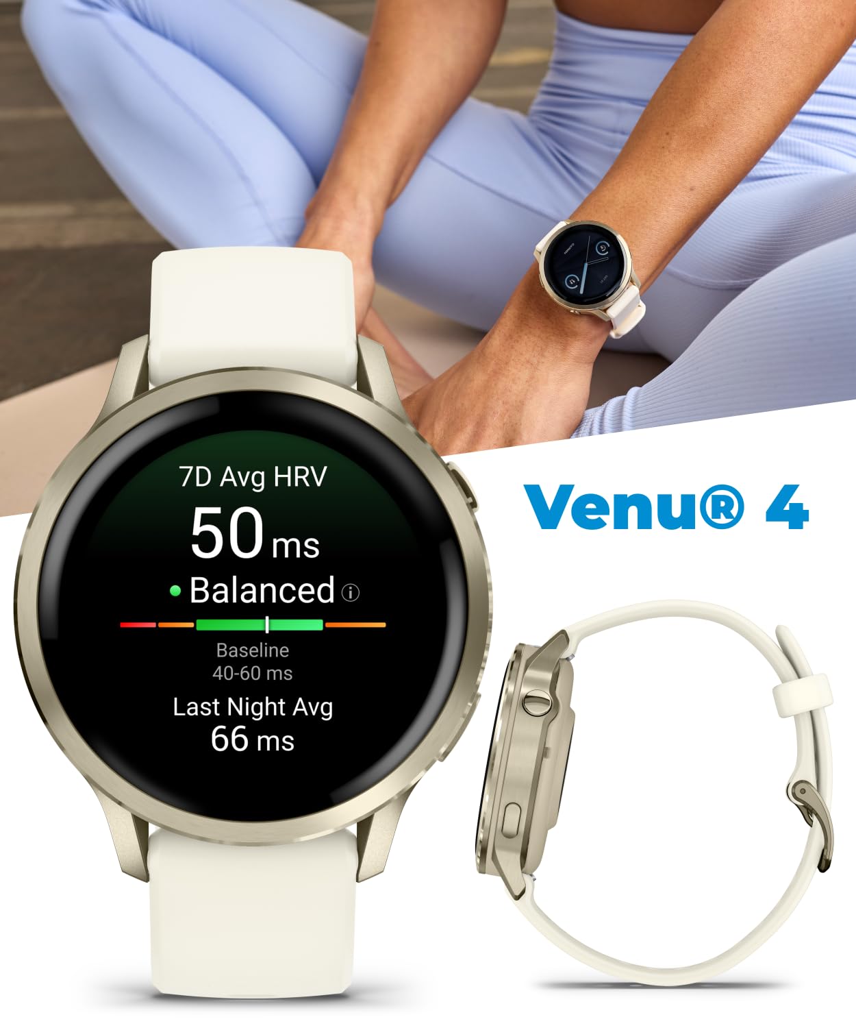 Garmin Venu 4 41mm AMOLED Advanced Health & Fitness GPS Smartwatch, Bright & Colorful Display, Built-in Flashlight, Up to 10 Days, Lunar Gold w/Bone Silicone Band w/Wearable4U PowerBank Bundle