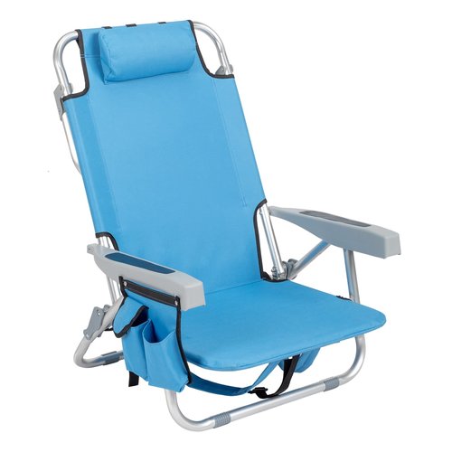 WISLAS 5-Position Folding Low Backpack Beach Chair with Headrest & Cup Holder - Portable Aluminum Reclining Camping Chair with Storage Bags, Adjustable Recline - Lightweight & Compact, Dark Blue