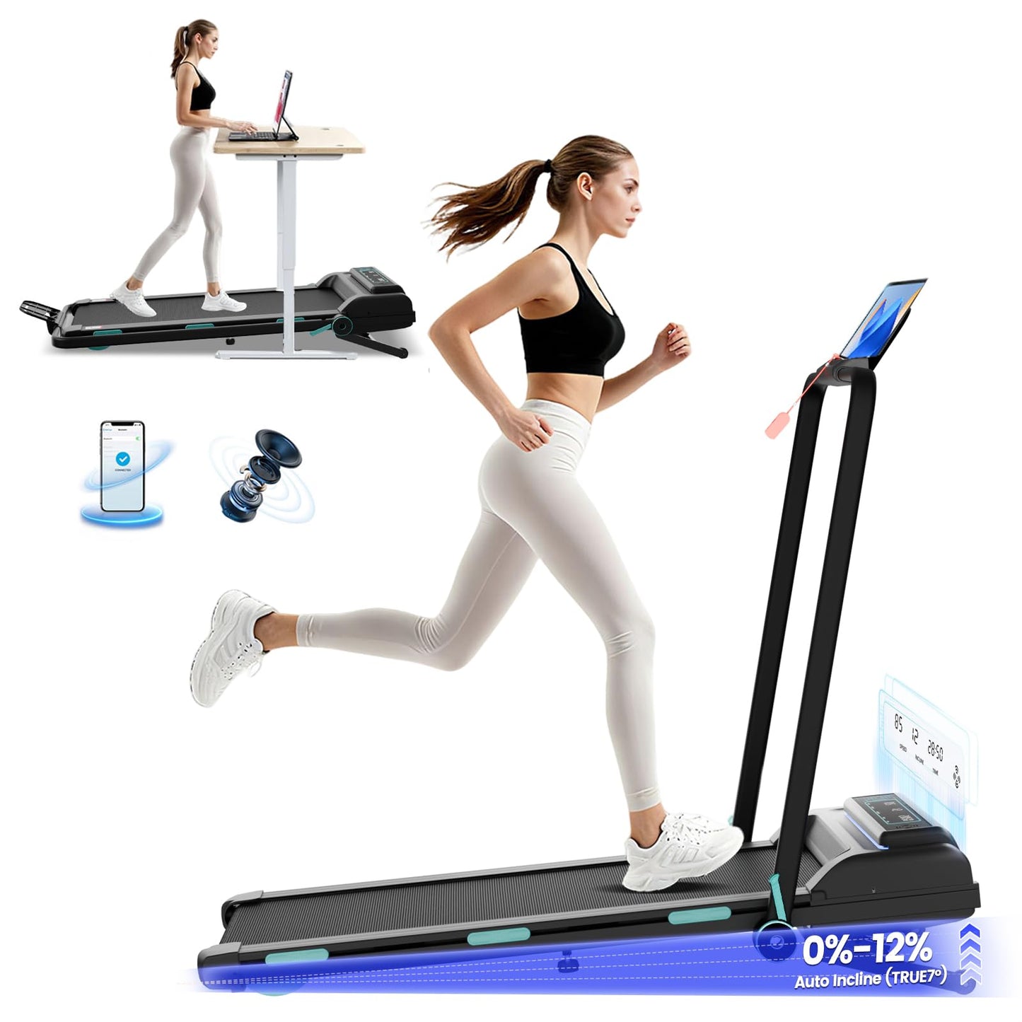 Trygoal Treadmill with 12% 11-Level Auto Incline, Walking Pad with Handle Bar, 450 lbs Capacity, Under Desk Foldable Treadmills with Bluetooth Speaker, Powerful Walking Pad for Home, APP Connect