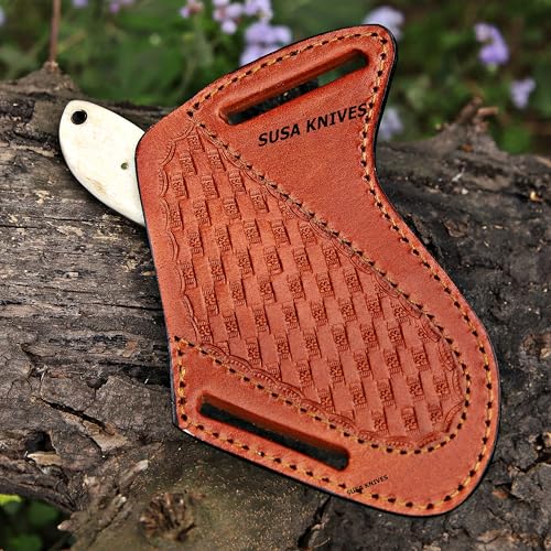 Custom Handmade 7-Inch Fixed Blade Cow Hoof Rasp Knife with Turquoise Handle and Leather Sheath - BONE Variation