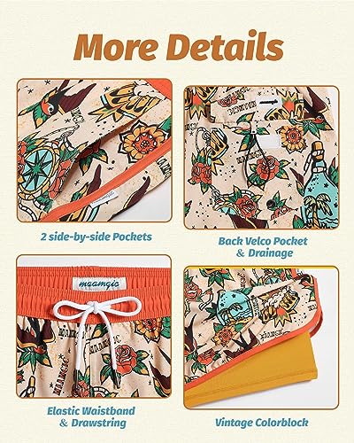 Men's Swim Trunks with Compression Liner 5 Inch Quick Dry Vintage Beachwear Large / Carnation Bird Orange