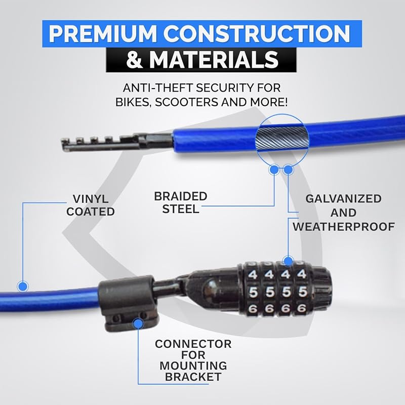 Anti-Theft Security Cable Lock, 2ft, Blue, Combination Lock, Weather Resistant