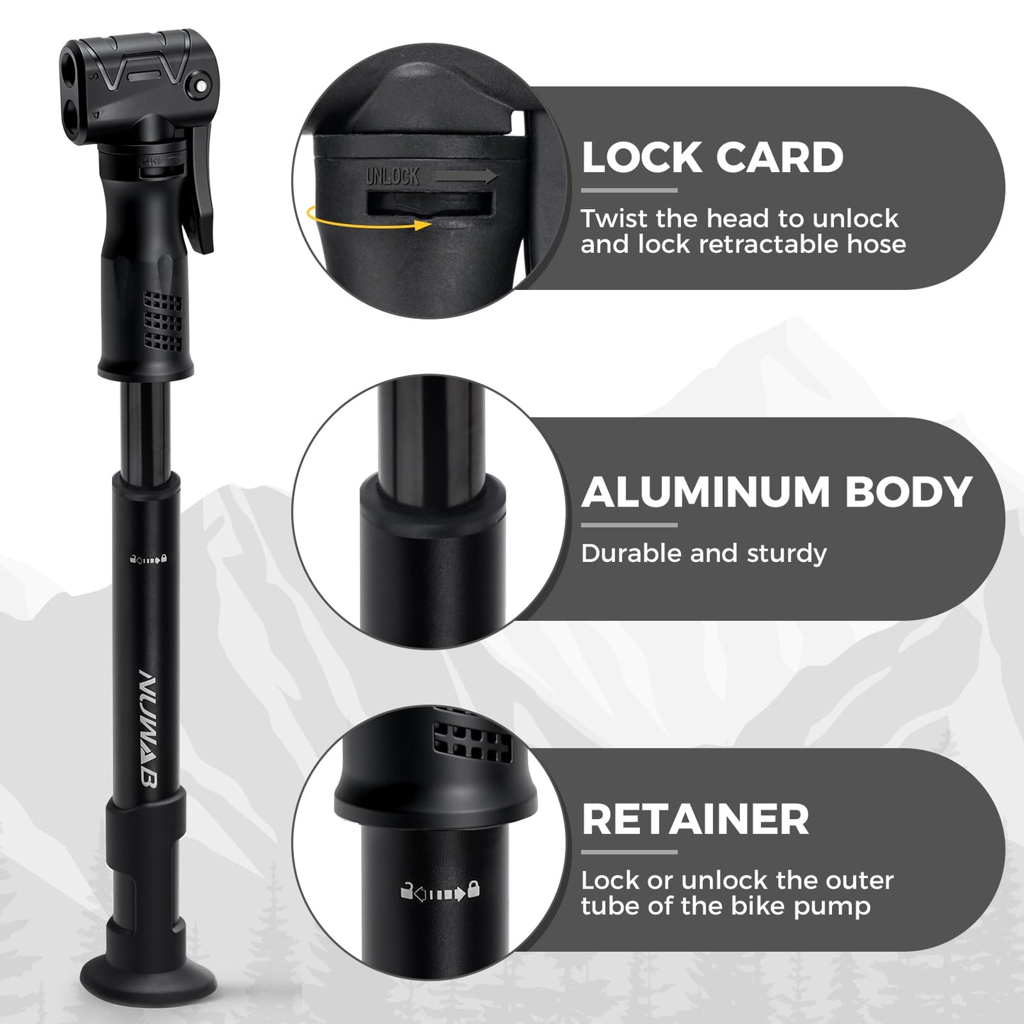 NUWAB Mini Bike Pump with Gauge, 10 Inch Portable Hand Bicycle Pump, 100PSI, Support Shrader and Presta, Fast Air Out Ball Pump, Work with All Bikes and Balls, Swimming Ring