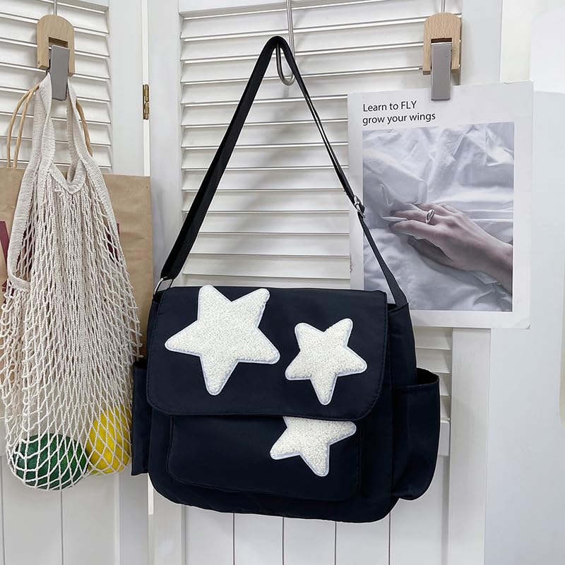 Black Y2K Star Messenger Bag with Coin Purse & Keychain - Cute Grunge Tote