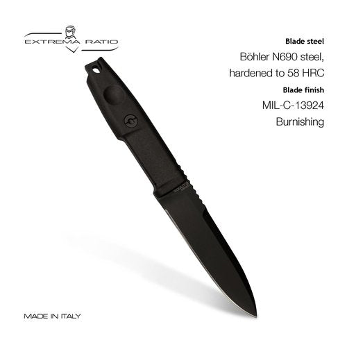 Extrema Ratio - SCOUT 2 (BLACK), Fixed Blade Knife, Böhler N690 Steel Hardened to 58 HRC, Black Oxide Finish, Full Tang, Anticorodal Aluminum Handle, Multi-Position Polymer Sheath