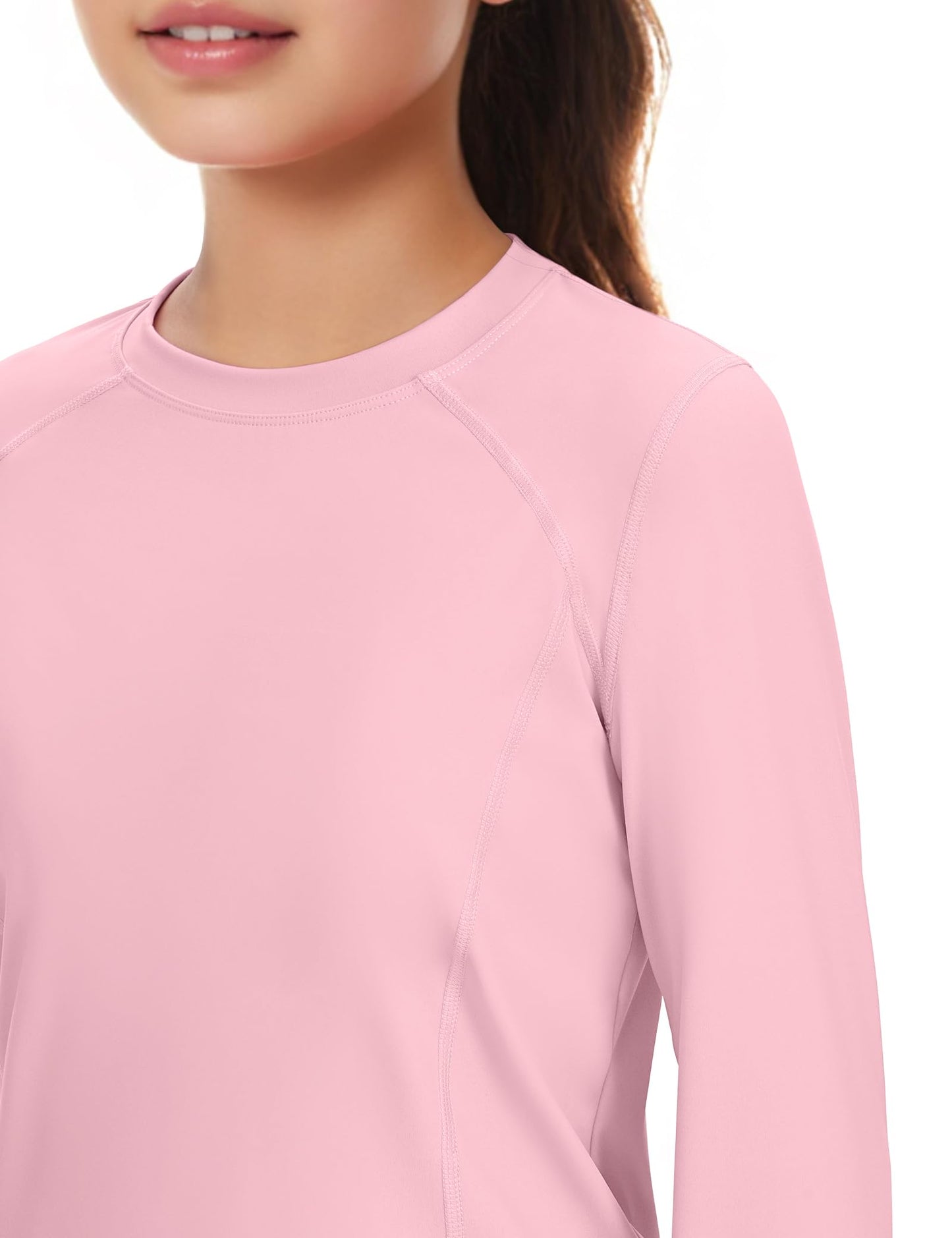 JOCMIC Girls Long Sleeve Shirts Athletic Shirt with Thumb Holes Kids Crew Neck Basic Tee Tops for Sports Gym Yoga Pink 9-10 Years