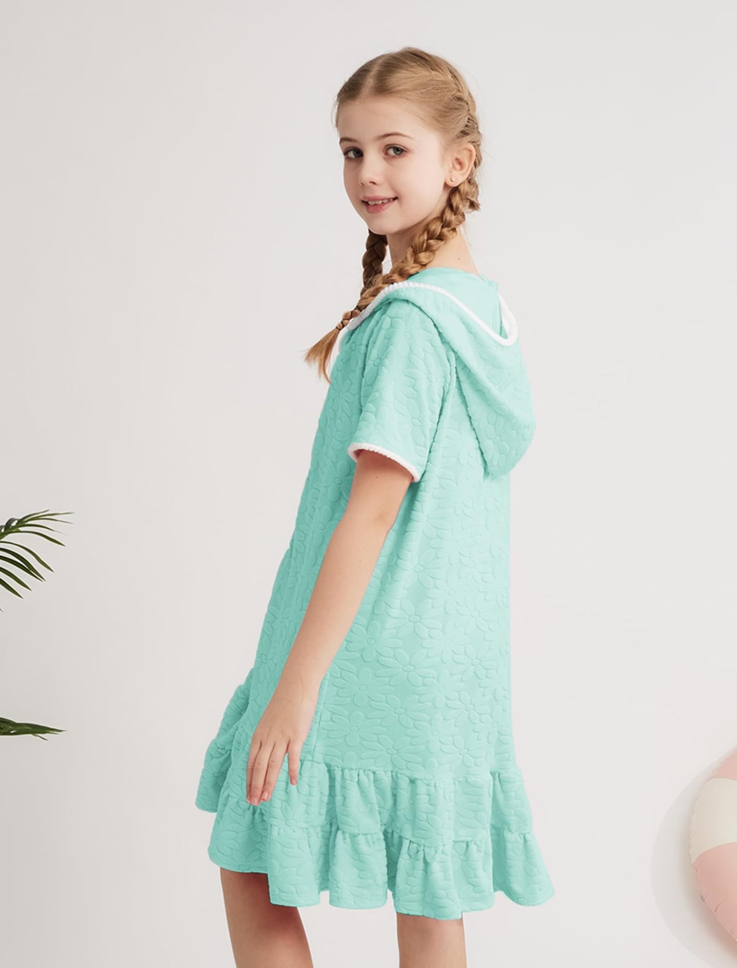 Weixinbuy Girls Swim Cover Up Kids Swimsuit Terry Zip Up Swimwear Hoodie Dress Wraps Beach Bathing Suit Size 6-7 Green