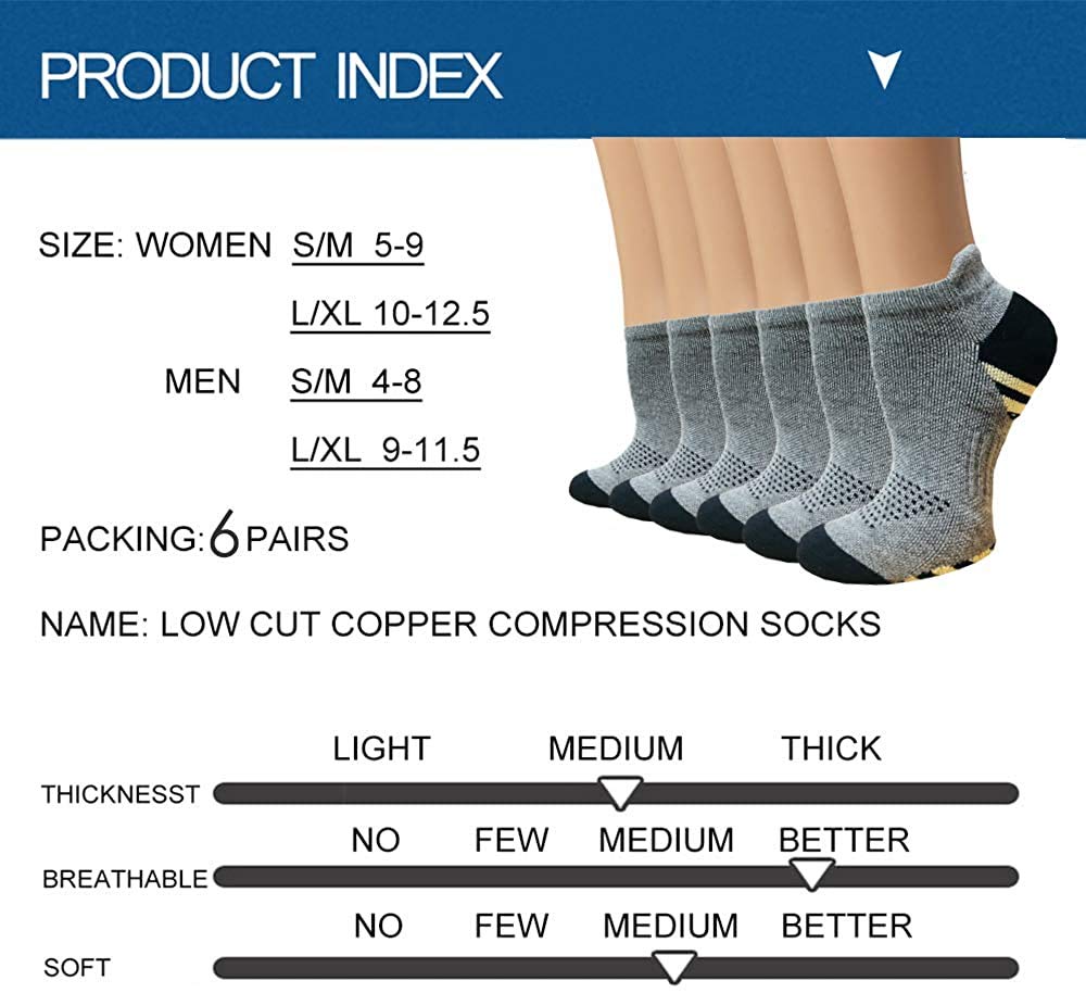 Sooverki Copper Plantar Fasciitis Running Compression Socks for Men & Women –6 Pairs Arch Support Ankle Socks for Athletic&Travel