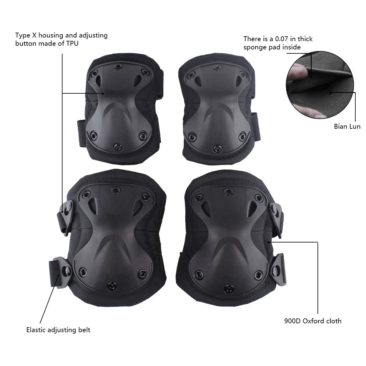 AOUTACC Combat Knee & Elbow Protective Pads Set for Outdoor CS Paintball Game Cycling Safety Skateboarding Gear Skates Knee Protection Guard Pads (Black)