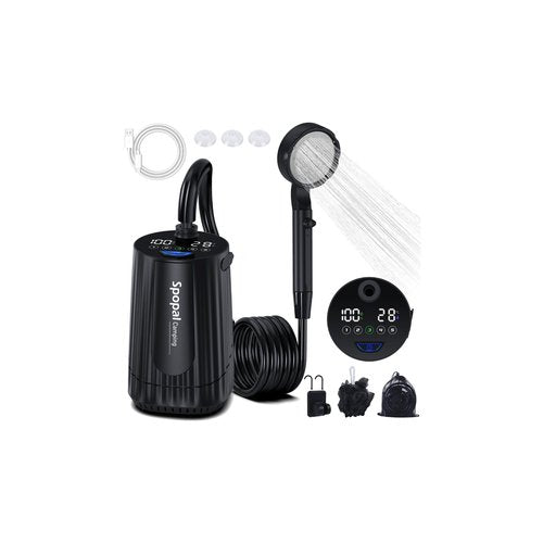 Spopal Portable Camping Shower - 10000mAh Rechargeable, 5-Speed, IPX8 Waterproof, LED Display Camp Shower Pump- Perfect for Hiking, Travel, Cars & Pets (Black)